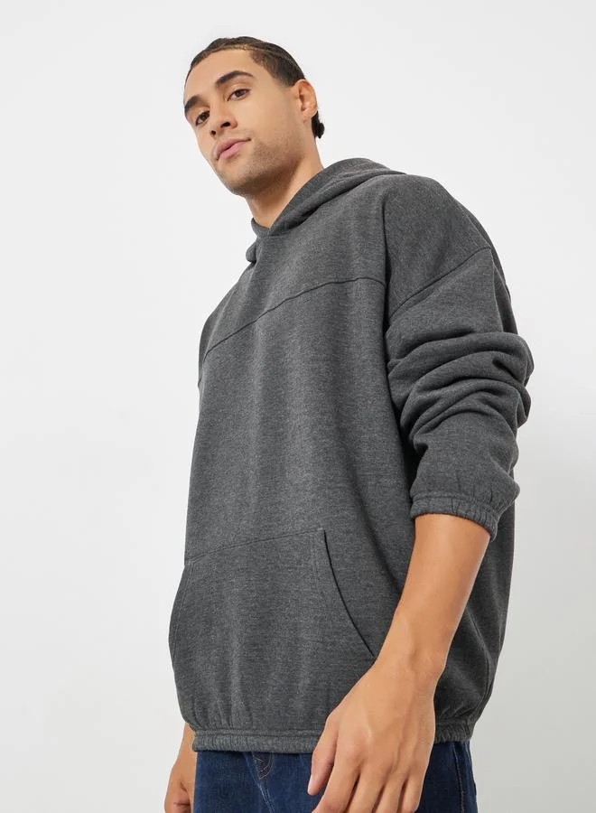 Styli Men Charcoal Oversized Fleece Hoodie with Kangaroo Pocket